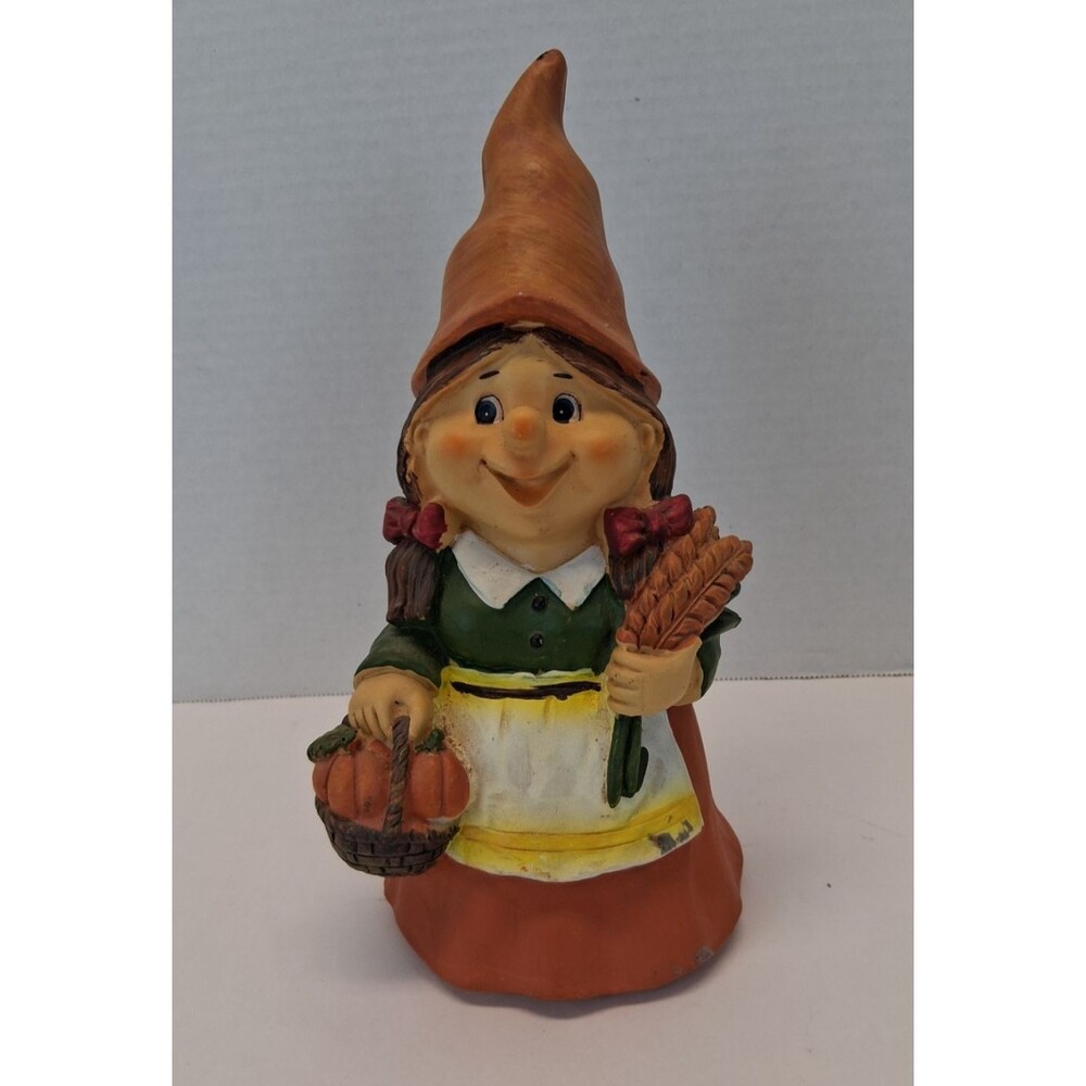 VTG Fall Harvest Gnome Woman Figurine Ceramic Hand Painted Pumpkin Wheat 1990s